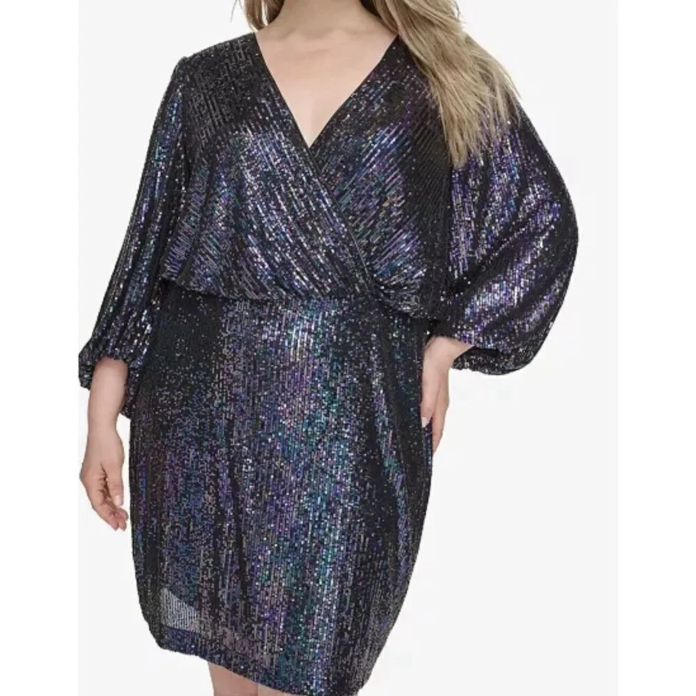 Eliza J Women's Cocktail Dress Size 8 Black Multi Sequined 3/4 Ballon Sleeve - Picture 3 of 8